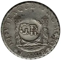 6 Shillings 8 Pence - George II FERDND VI D G HISPAN ET IND REX, Lima, countermarked