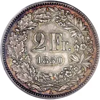 2 Francs Helvetia seated, 90% silver