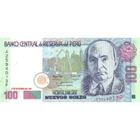 100 Nuevos Soles colored planchettes at center front; watermark with "100"