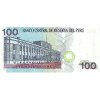 100 Nuevos Soles colored planchettes at center front; watermark with "100"