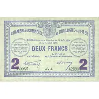 2 francs - Chambre de Commerce de Boulogne-sur-Mer [62] avec valeur en violet dans les coins inférieurs, 14/8/1914-7/7/1916