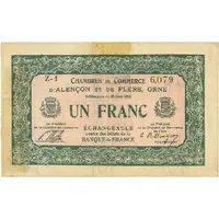 1 Franc - Chambres de commerce d'Alençon et de Flers [61] <Vert, filigrane abeilles>