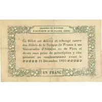 1 Franc - Chambres de commerce d'Alençon et de Flers [61] <Vert, filigrane abeilles>