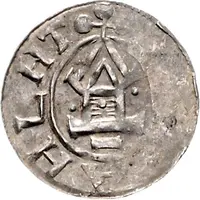 Denier - Otto III and Adelaide temple, DI GRA REX