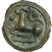 Potin with large helmeted head and headband decorated with globules