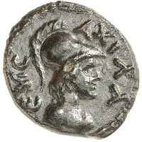 Semis Achilles right, Corinthian helmet, horse right, ΝΙΚΟΜΑΧΟΥ, monogram below horse