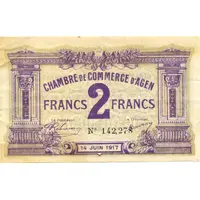 2 Francs - Chambre de Commerce d'Agen [47] <Filigrane abeilles>