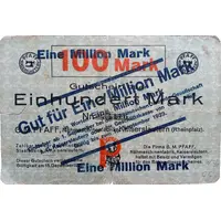 1 000 000 Mark G. M. Pfaff Nähmaschinenfabrik, countermark on 100 Mark