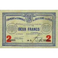 2 francs - Chambre de Commerce de Boulogne-sur-Mer [62] avec valeur dans les coins inférieurs, 14/8/1914-7/7/1916