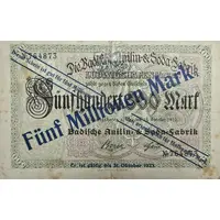 5 000 000 Mark Badische Anilin- and Soda-Fabrik/BASF, overprint on 500 Mark