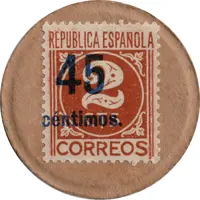 45 Centimos countermark on 2 brown centimos
