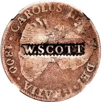 Hard Times Token - 1839 W. Scott Pittsburgh, PA, Counterstamped on a Mexico 1800 2 Reales