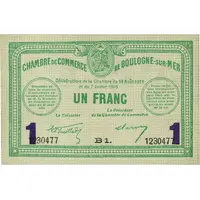 1 franc - Chambre de Commerce de Boulogne-sur-Mer [62] avec valeur en violet dans les coins inférieurs, 14/8/1914-7/7/1916
