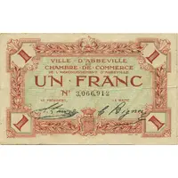 1 Franc - Ville et Chambre de Commerce d'Abbeville [80] <Sans timbre sec>