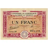 1 Franc - Chambres de Commerce de Gray et Vesoul