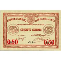 50 centimes - Chambre de Commerce de Boulogne-sur Mer [62] avec valeur dans les coins inférieurs, 14/8/1914