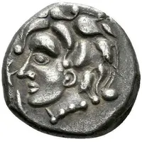 Drachm with cross, early series with dolphins wicks in balled commas, axe and globules