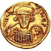 1 Solidus In the name of Constantine IV, Four steps, staffs left