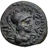 Semis Achilles right, Corinthian helmet, horse left, ΝΙΚΟΜΑΧΟΥ counterclockwise