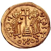 1 Solidus In the name of Constantine IV, Four steps, staffs right