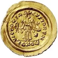 1 Tremissis In the name of Justin II, Victory facing left, small ribbon