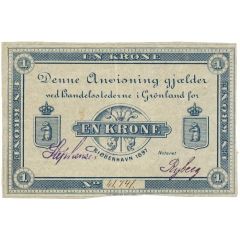 1 Krone Handelsstederne i Grønland. Type I: Handwritten serial number