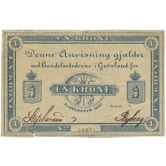 1 Krone Handelsstederne i Grønland. Type II: Stamped serial number