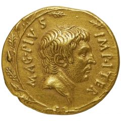 Aureus Pompeia: Sextus Pompeius, MAG·PIVS IMP·ITER / PRAEF CLAS·ET·ORAE MARIT·EX·S·C