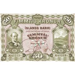 50 Krónur - Christian IX Íslands Banki, privat bank issue