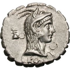 Denarius serratus Roscia: Lucius Roscius Fabatus, L•ROSCI / FABATI