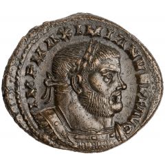 Nummus - Maximianus cuirassed, large broad head, IMP MAXIMIANVS P F AVG, GENIO POPVLI ROMANI, Londinium