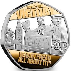 50 Pence - Charles III Victory - VE-Day; Silver with gold plating