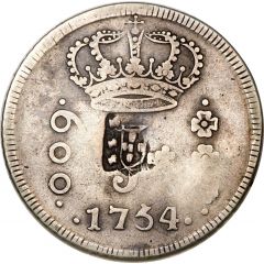 640 Réis - John, Prince Regent Countermarked 600 Réis of Province of Minas Gerais, Joseph I, Rio de Janeiro Mint, KM#187 and KM#194
