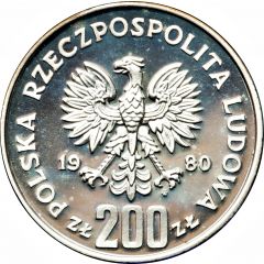 200 Zlotys XIII Winter Olympics, torch below skier