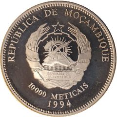 10 000 Meticais 1994 World Cup USA, soccer players with goal, pattern
