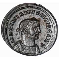 Nummus - Galerius as Caesar small head, long neck, MAXIMIANVS NOB CAES, GENIO POPVLI ROMANI, Londinium