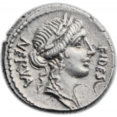 Denarius Licinia: Aulus Licinius Nerva, FIDES NERVA / III VIR A•LICINIVS