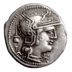 Denarius Postumia: L. Postumius Albinus, L•POST•ALB ROMA