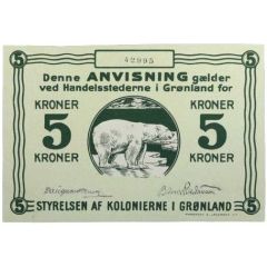 5 Kroner Styrelsen af Kolonierne i Grønland. Type II: Backside color being lightgreen