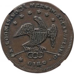 Hard Times Merchant Token – A. Loomis, Groceries and Liquor, 6 stars above eagle Cleveland, Ohio