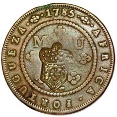 2 Macutas - Maria II Countermark CROWNED SHIELD over `1 Macuta, Maria I and Pedro III`