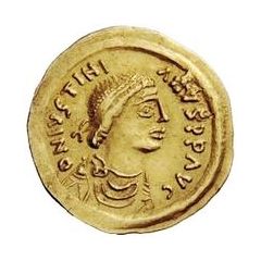 1 Tremissis In the name of Justinian I, Crossed tassels, straight