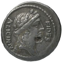 Denarius Licinia: Aulus Licinius Nerva, FIDES A•LICINIVS / NERVA III•VIR