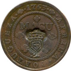 2 Macutas - Maria II Countermark CROWNED SHIELD over `1 Macuta, José`