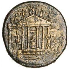 Sestertius TI CAESAR DIVI AVG F AVGVST P M TR POT XXXIIX, Concordia, Hercules, Juno, Jupiter, Mercury, and Minerva
