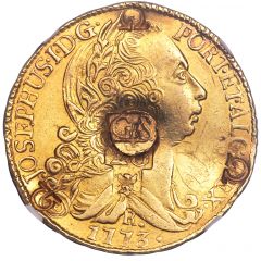 66 Shillings Countermark on contemporary counterfeit Brazil Joao I gold 6400 Reis 1773-R