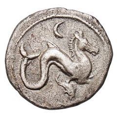 Silver 5 Asses Hippocamp facing right, value above