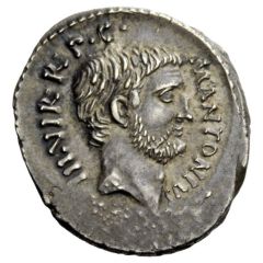Denarius Antonii: Marcus Antonius, M•ANTONIVS III•VIR•R•P•C• / P•CLODIVS M•F
