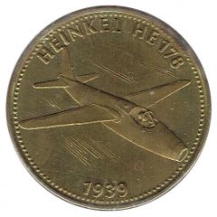 Shell Token - Man in Flight - Heinkel HE 178 brass, round