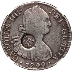 1200 Réis - Luis I Countermark `Crowned G.P.` over 8 Reales - Carlos IIII, Spain